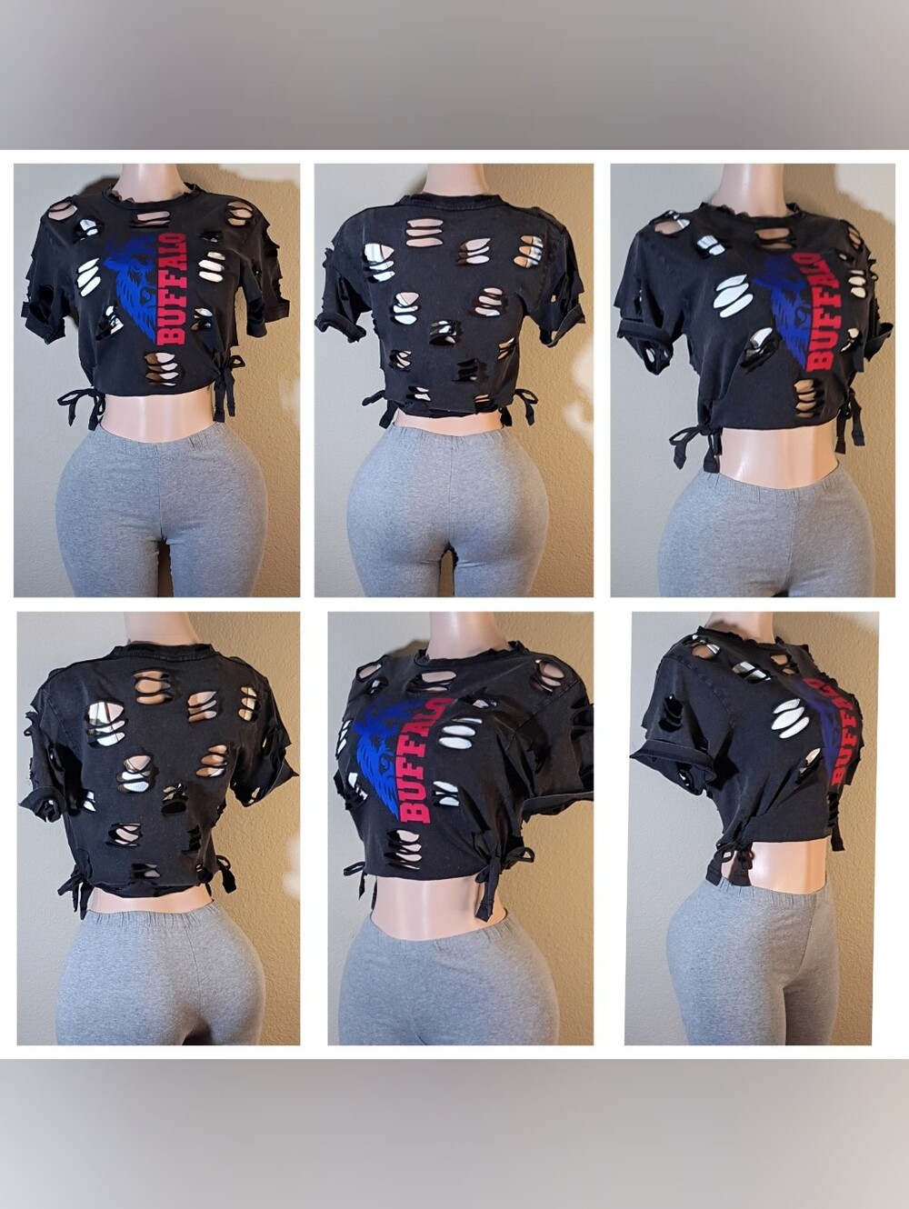 Buffalo Bills Custom Distressed Tie-Side Crop Tee in Black